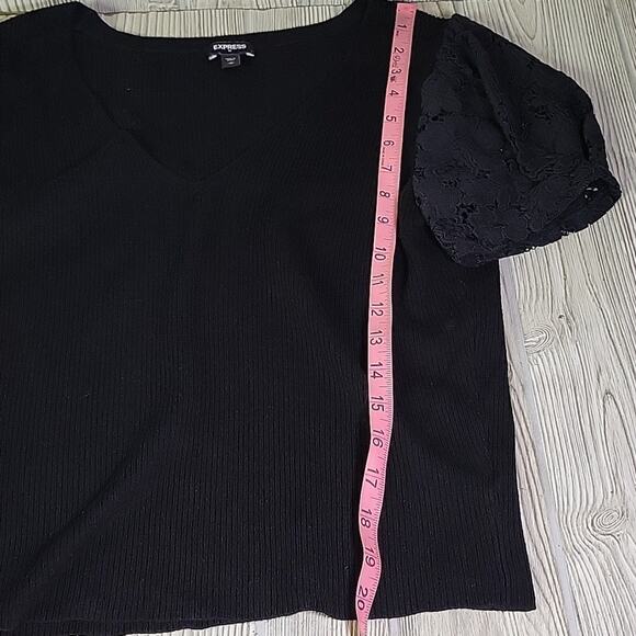 Express Black Lace Puff Sleeve V Neck  Sweater Top Womens Size Medium - Picture 6 of 8